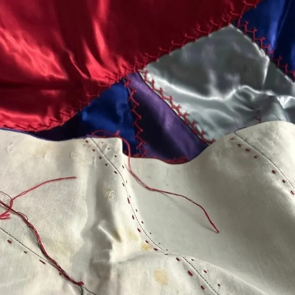 5 Swaths of Crazy Quilt Vibrant Satin Fabric c1930s/40s Individual 24x24”